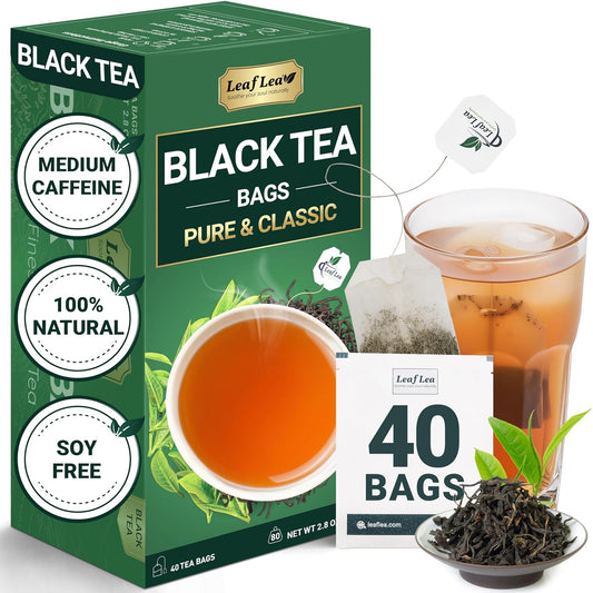 LeafLea Black Tea Bags, Strong Full-Bodied Black Tea Leaves, 40 Count | Bold, Naturally Caffeinated Morning Brew with Smooth Malty Finish; Sugar-Free, Vegan; Individually Foil-Wrapped