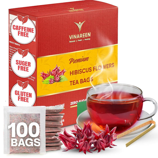 VINAREEN Hibiscus Tea Bags, 100 Count - Herbal Tea Made from Pure Hibiscus Flowers - Te De Flor De Jamaica - Caffeine Free, Sugar Free, Vegan, Non-GMO, No Additives.