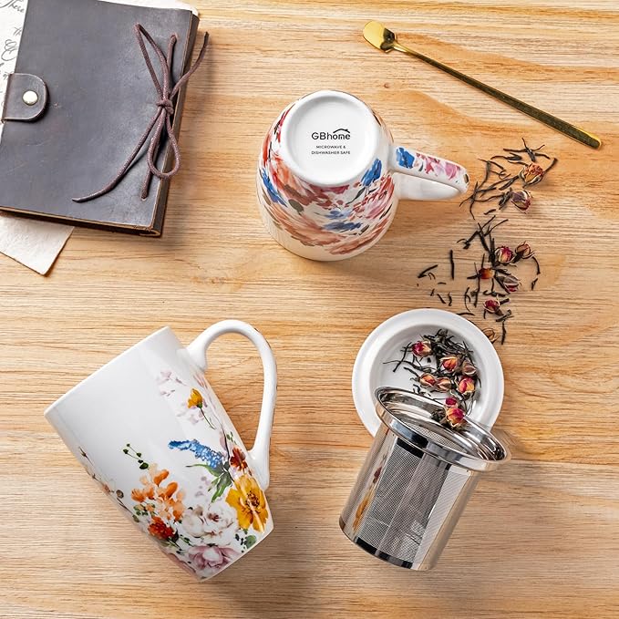Gbhome Tea Mug with Infuser and Lid, 18 Ounce Large Ceramic Loose Leaf Tea Cup, Microwave, Dishwasher Safe Tea Steeping Mug