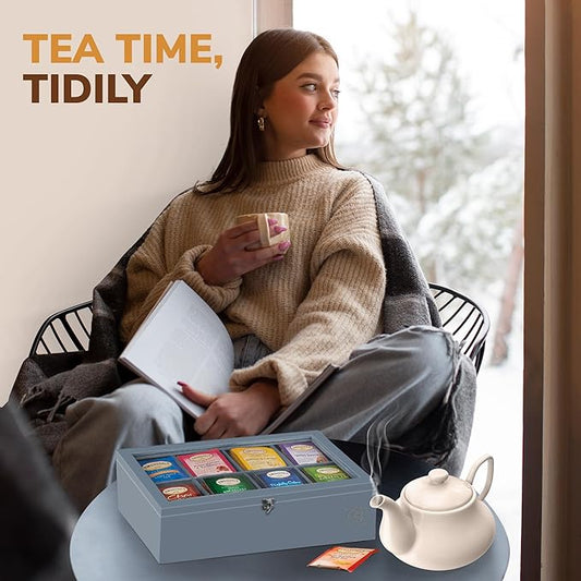 Tea Bag Organizer - Grey Bamboo Tea Box Organizer Storage Box, Tea Bag Holder with Acrylic Window, Magnetic Lid Keeps Tea Bags Fresh