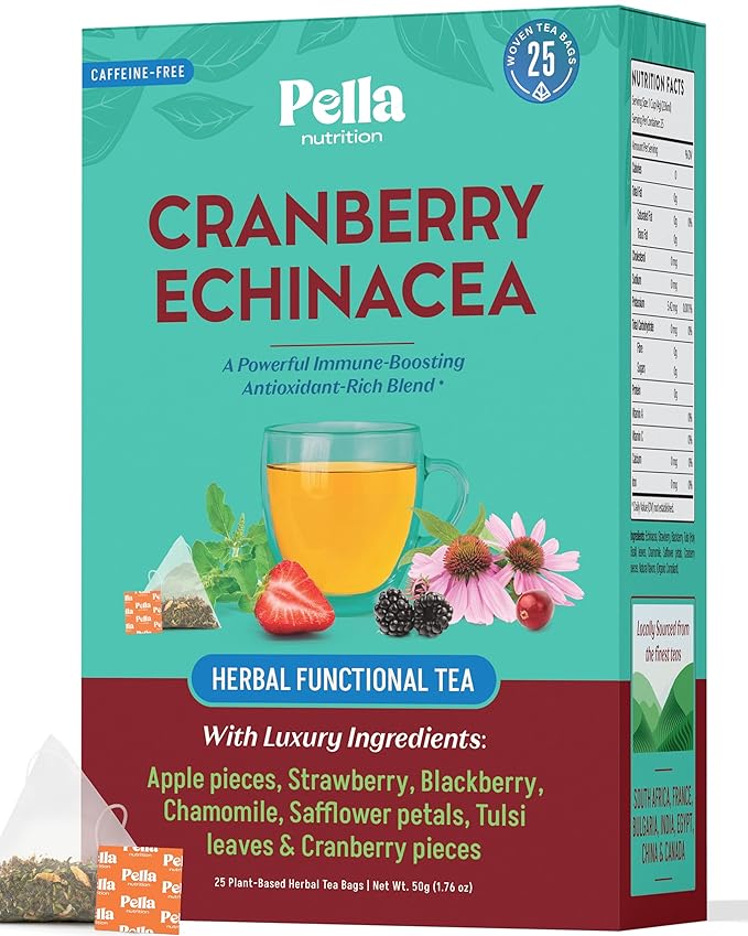 Cranberry Echinacea Chamomile Tea with Blackberries, Strawberry, Tulsi Basil & Safflower – Vegan Kosher Naturally Caffeine Free – Traditional Herbal Blend for Wellness & Antioxidant Rich (25 Tea Bags)