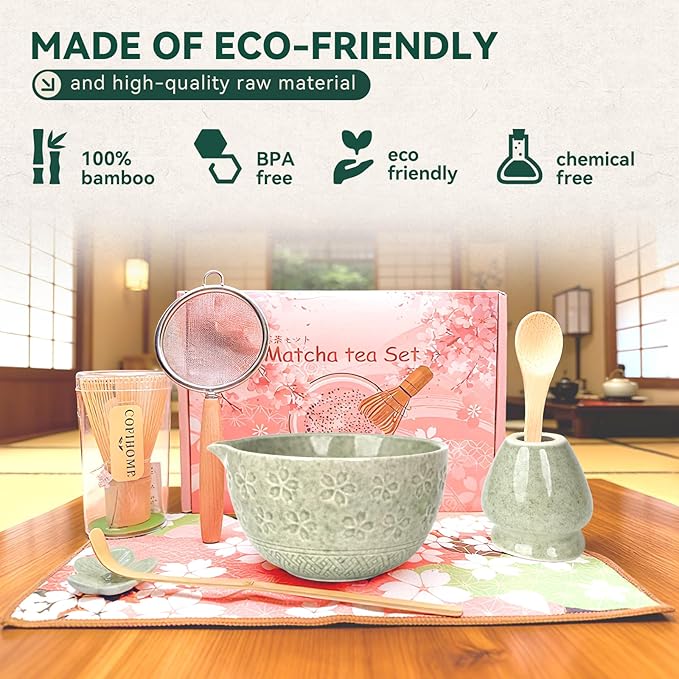 Sakura Matcha Whisk Set, 8 PCS Japanese-Style Matcha Kit with Cherry Blossom Matcha Bowl, Bamboo Whisk & Holder, Scoop, Spoon Rest