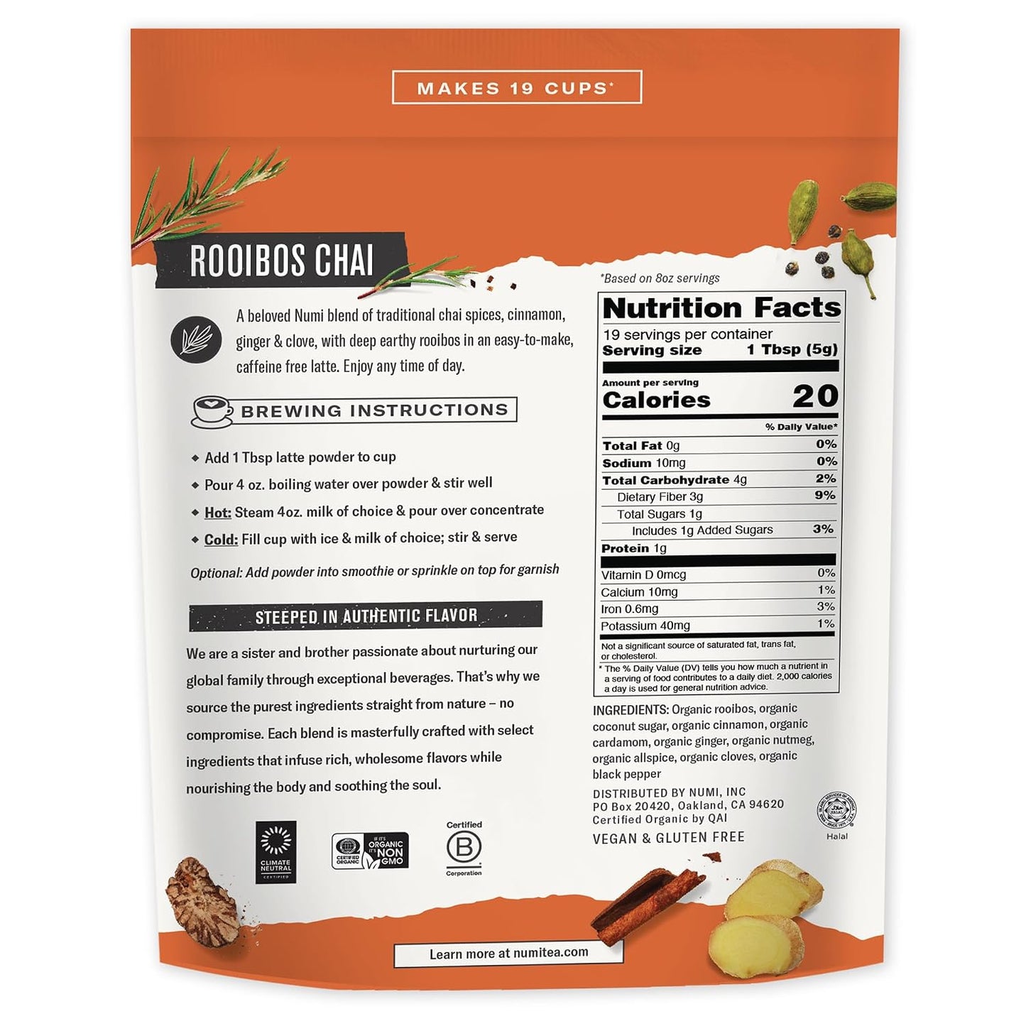 Numi Tea - Organic Rooibos Chai Tea Latte Powder – Rooibos Chai Latte Mix with Cinnamon, Cardamom &amp; Cloves – Caffeine Free, Vegan &amp; Gluten Free, 3.5 oz (Makes 19 Cups)