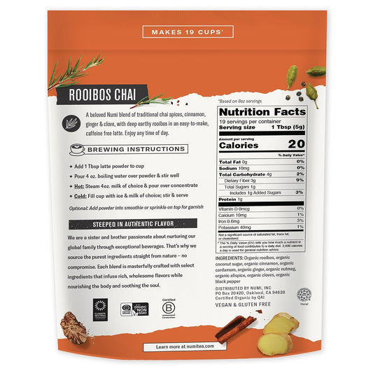 Numi Tea - Organic Rooibos Chai Tea Latte Powder – Rooibos Chai Latte Mix with Cinnamon, Cardamom &amp; Cloves – Caffeine Free, Vegan &amp; Gluten Free, 3.5 oz (Makes 19 Cups)