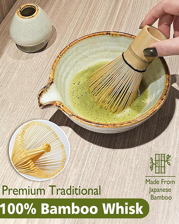Matcha Whisk Set with Matcha Bowl, Matcha Whisk Holder Matcha Bamboo Whisks, Scoop, Sifter