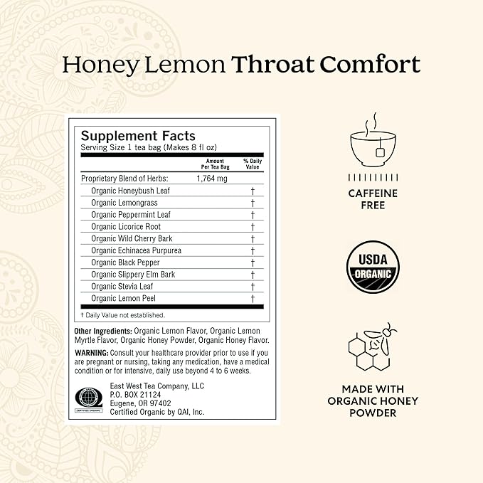 Yogi Tea Honey Lemon Throat Comfort - 16 Bags per Pack (4 Packs) - Soothing Organic Honey Tea - Includes Lemongrass, Peppermint Leaf, Licorice Root