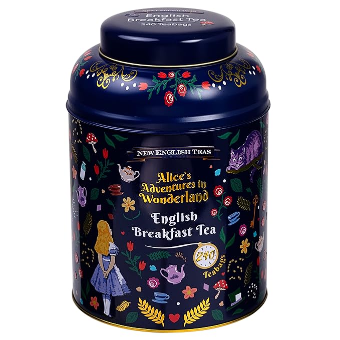 Midnight Alice in Wonderland Tea Caddy with 240 English Breakfast Teabags, Navy