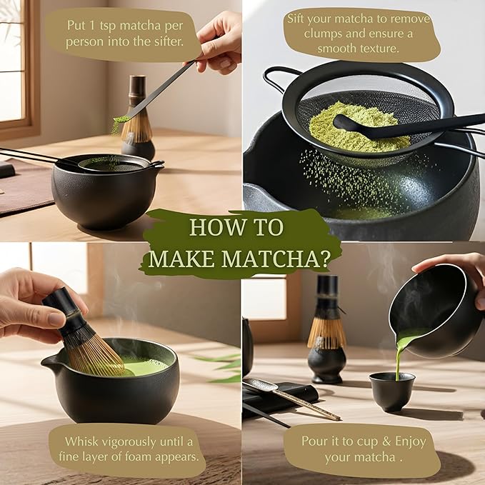 ZENSO Premium Matcha Whisk Set – 8 Piece Japanese Matcha Tea Ceremony Kit | Handmade Ceramics - Matcha Bowl, Purple Bamboo Whisk, Whisk Holder, Sifter, Scoop & Scoop Holder, Tea Cloth, Tea Spoon