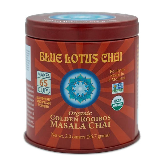 Blue Lotus Chai - Golden Rooibos Flavor Masala Chai - Makes 65 Cups - 2 Ounce Masala Spiced Chai Powder with Organic Spices - Instant Indian Tea No Steeping - No Gluten