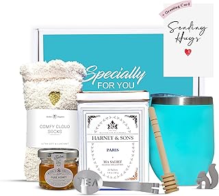 Tea Gift Set for Women – Thoughtful Get Well Gift Box with Cozy Socks, Stainless Tumbler, 20 Tea Sachets, Honey Jar & Sending Hugs Card (Paris Teaa -Heart Socks)