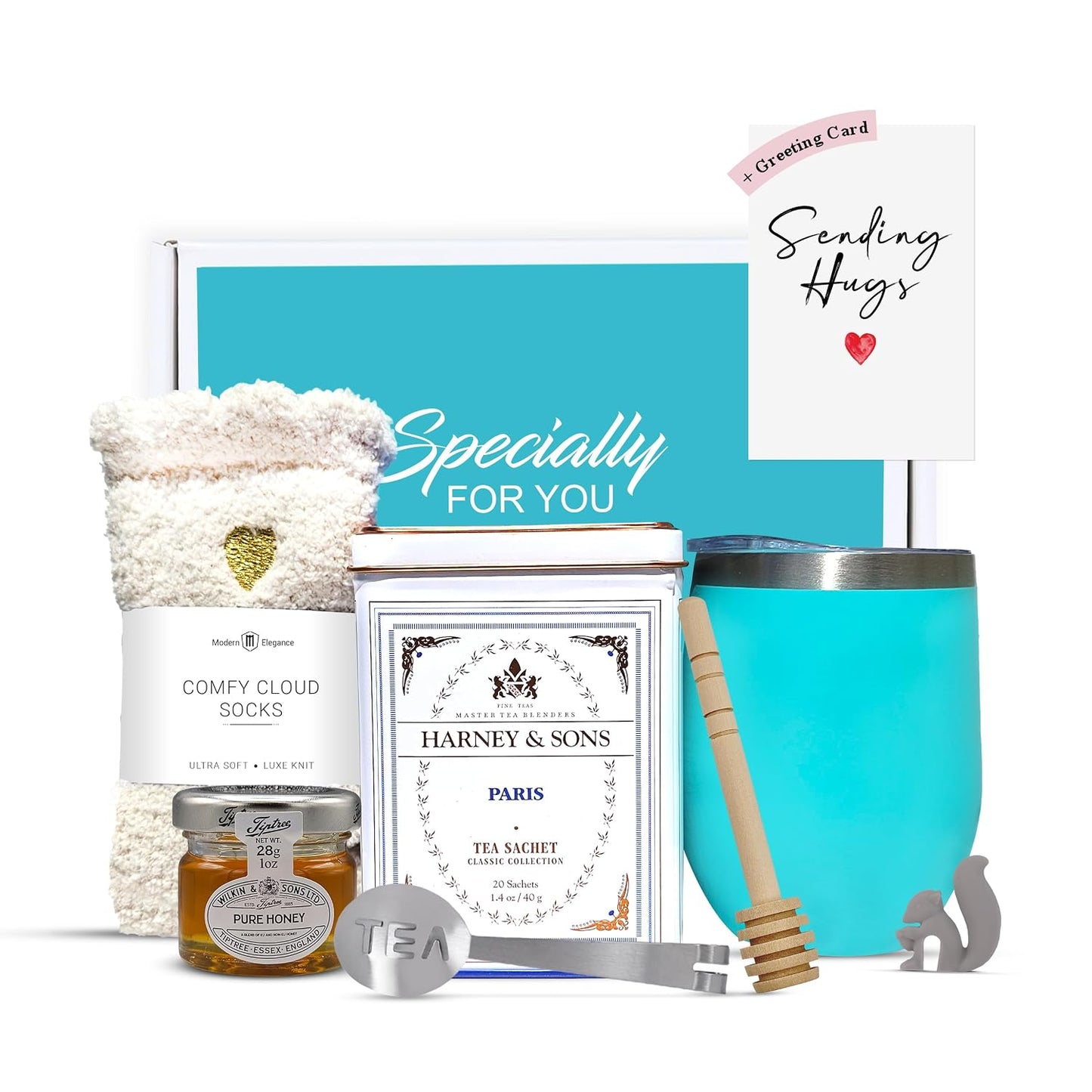 Tea Gift Set for Women – Thoughtful Get Well Gift Box with Cozy Socks, Stainless Tumbler, 20 Tea Sachets