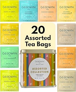 Goodwyn Assorted Tea Sampler Box – 20 Individually Wrapped Tea Bags | Premium Herbal, Black & Green Tea Collection in Reusable Wooden Chest | 10 Flavors x 2 Each: Tulsi, Kahwa, Turmeric, Assam, Green Tea, Lemon & More | Ideal Gift Set Box