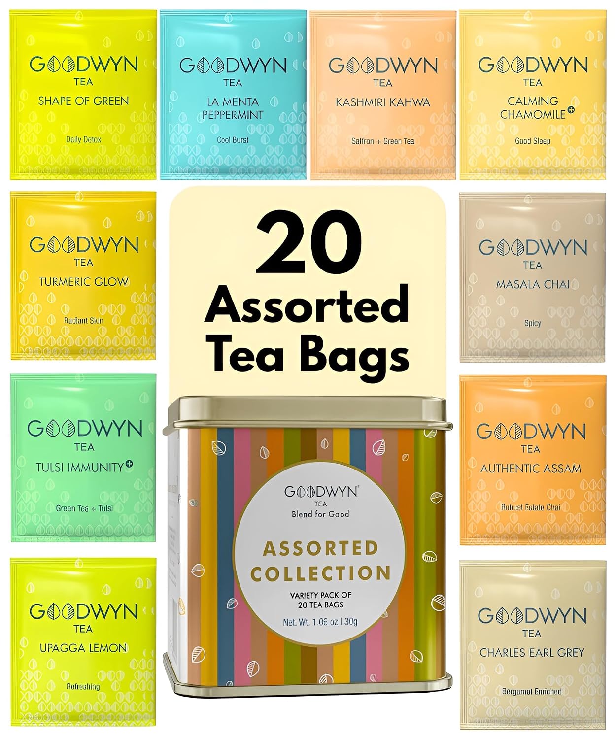 Goodwyn Assorted Tea Sampler Box – 20 Individually Wrapped Tea Bags, Premium Herbal, Black & Green Tea Collection in Reusable Wooden Chest