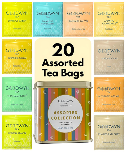 Goodwyn Assorted Tea Sampler Box – 20 Individually Wrapped Tea Bags, Premium Herbal, Black & Green Tea Collection in Reusable Wooden Chest