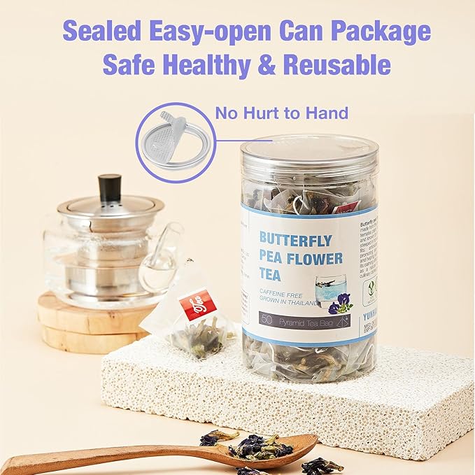 50 Dried Blue Butterfly Pea Flower Tea Bags, Thai Herbal Tea, Blue Purple Pea Tea, Caffeine-Free, Gluten-Free, Non-GMO, Ideal for Cooking, Iced Tea