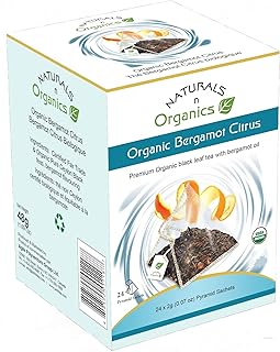 Naturals-n-Organics Organic Bergamot Citrus Earl Grey Tea with Natural Italian Bergamot Oil for Autophagy and Detox, 24 Bio-degradable Pyramid Tea Bags