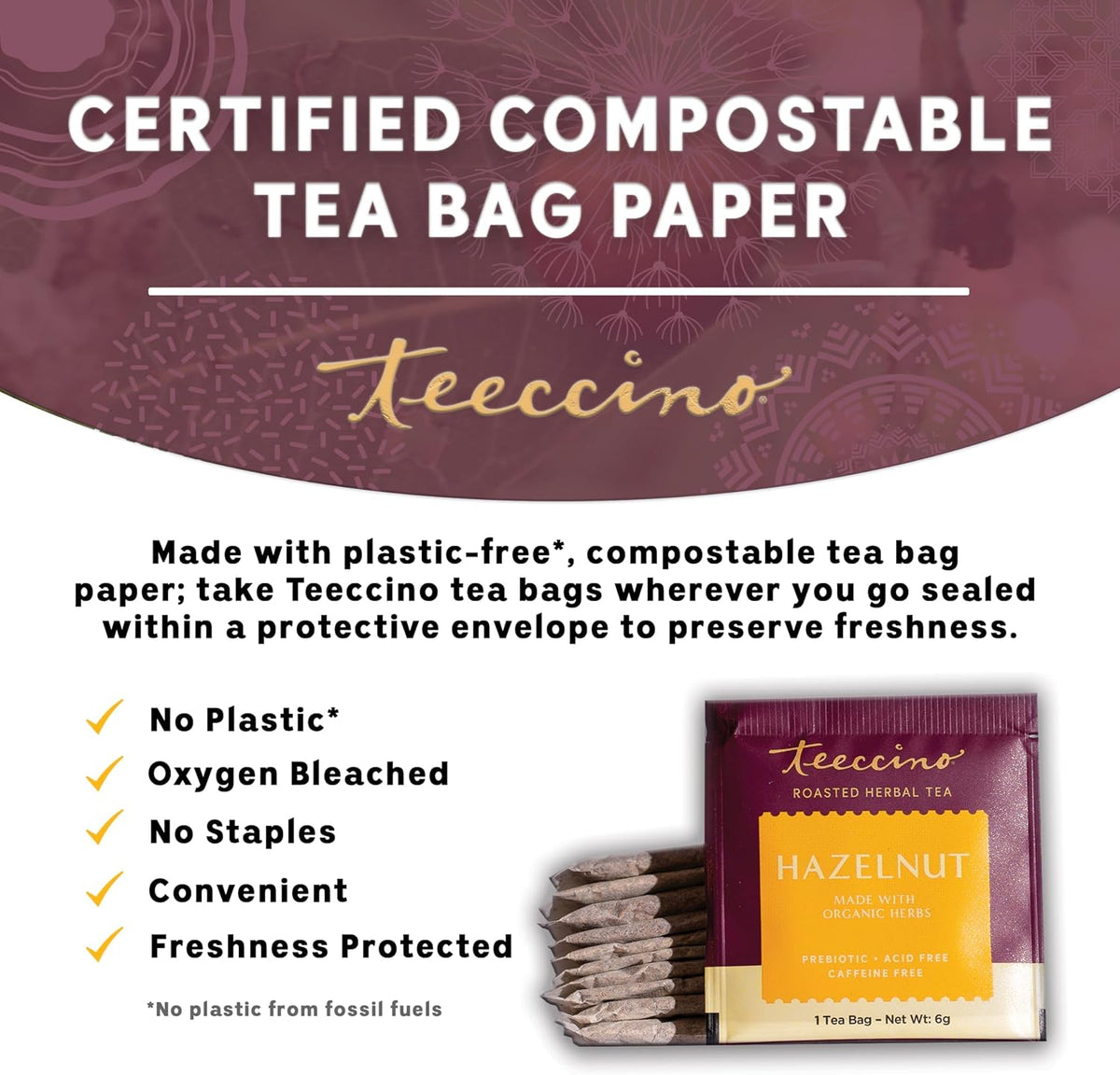 Teeccino Hazelnut Roasted Herbal Tea - Caffeine Free, Prebiotic, 3x More Herbs - 10 Tea Bags