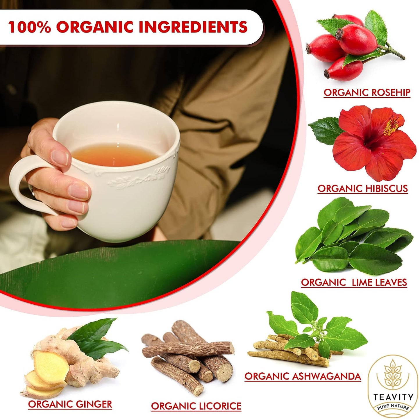 Organic Ashwagandha Tea Pods for Keurig with Ginger, Licorice, Organic Hibiscus Sabdariffa, Rosehip, &amp; Lime - Decaf Herbal Tea - Energizing Tea by Teavity (12 Count (Pack of 1), Organic Energizing Tea)