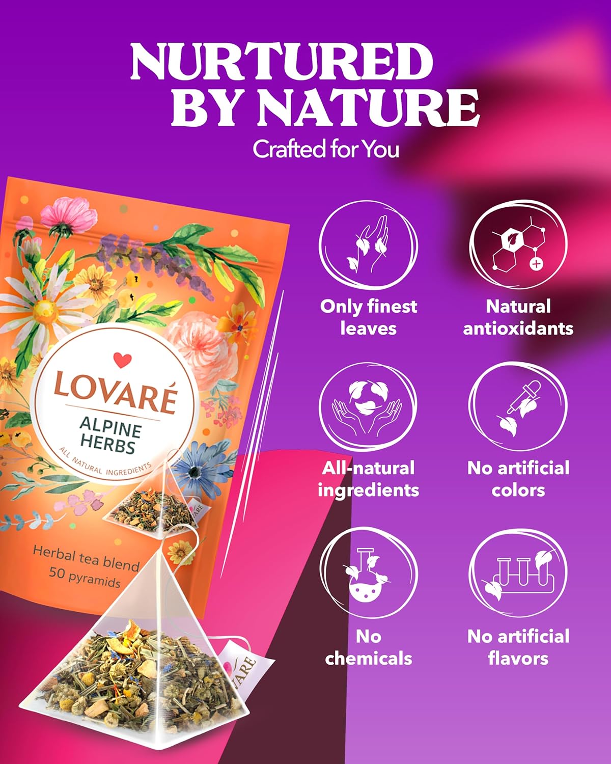 LOVARE Alpine Herbs Tea Pouch - Pyramid Tea Bags 50 Pack x 2 g - Made in Ukraine - Doypack with Lemongrass, Chamomile Flowers, Rose Hips, Orange, Blackberry, and More - Flavored Tea Pyramid Bags