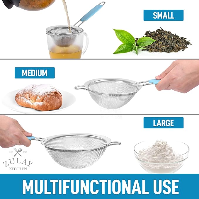 Zulay Kitchen Premium Stainless Steel Fine Mesh Strainer Set - Strainers For Kitchen (Set of 3) With Non-Slip Handles - Includes A Small, Medium & Large Fine Mesh Sieve Set - Durable Metal Strainer