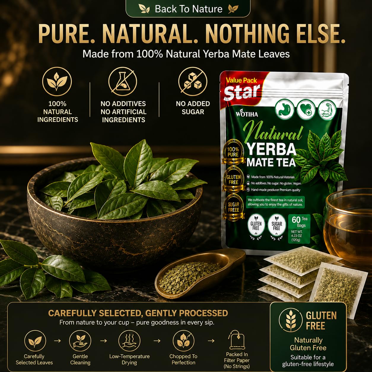 WOTIHA 60 Count Premium Unsmoked Yerba Mate Tea Bags - Sourced from Argentina, 100% Pure &amp; Natural Energy, Coffee Alternative, Additive-Free, Sugar-Free, Gluten-Free, Vegan, Non-GMO