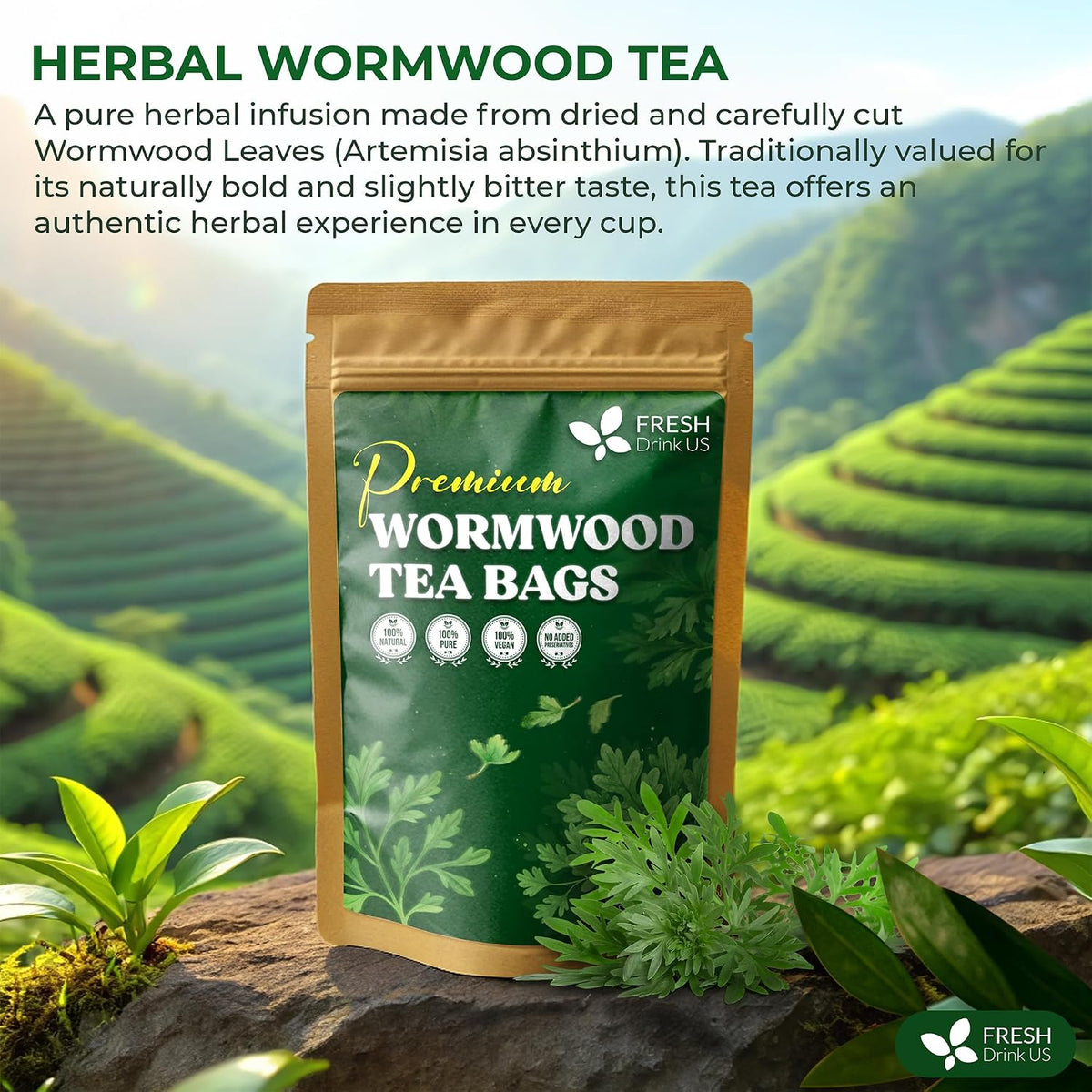 FreshDrinkUS, Premium Wormwood Tea Bag, 75 Count, Pure, Caffeine Free