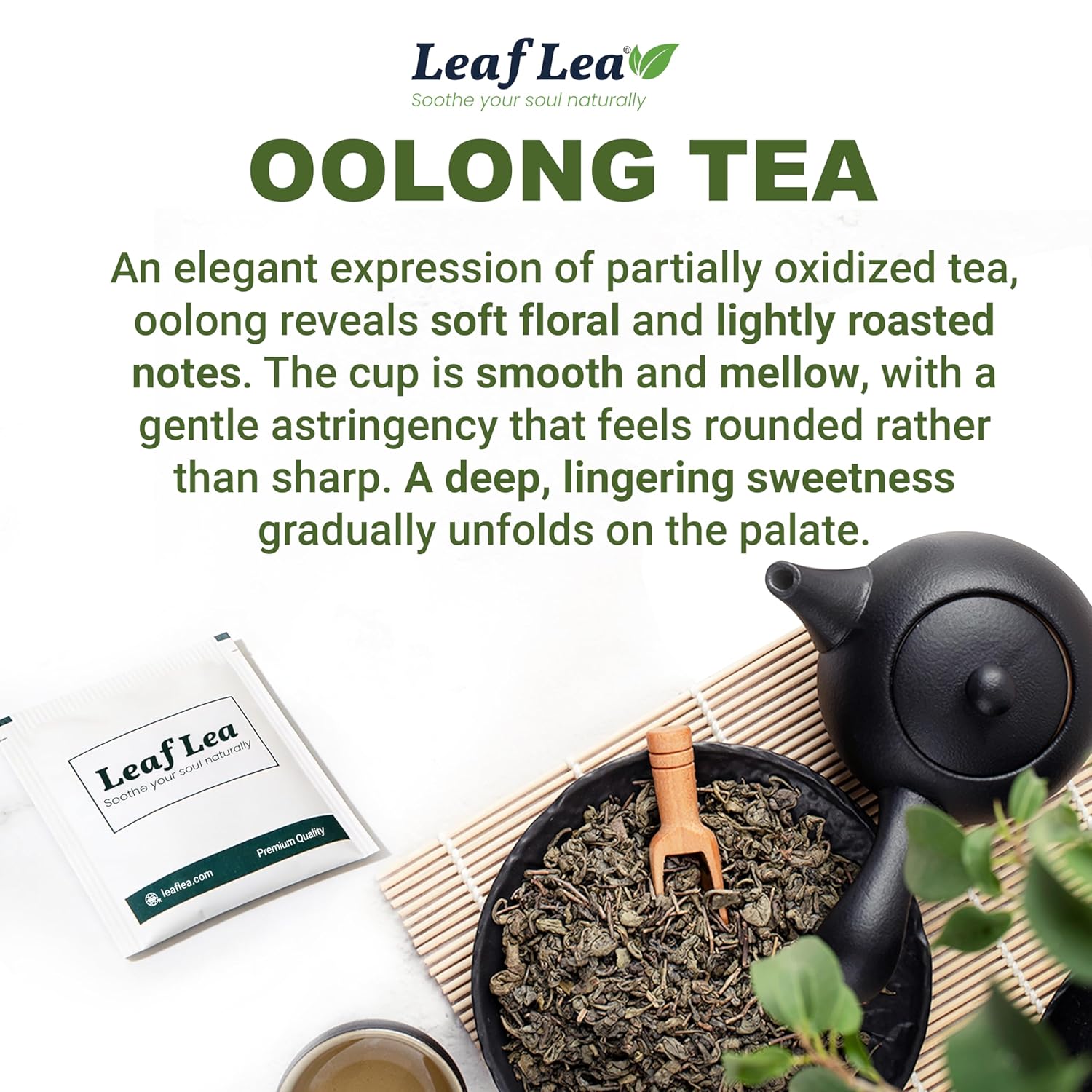 LeafLea 40 Oolong Tea Bags, 100% Oolong Tea Leaves, Smooth Warm Aroma with Light Toasted Notes, Te Oolong for Daily Wellness Focus, Natural Caffeine, Sugar-Free, Individually Wrapped Freshness