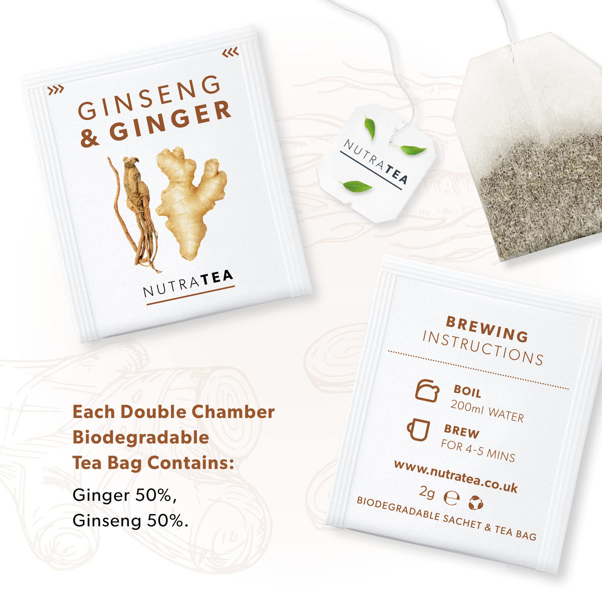 Nutra Tea Ginger & Ginseng Tea | Ginger Tea - 50% Ginger & 50% Ginseng Herbal Infusion - Caffeine Free, Natural Herbal Blend