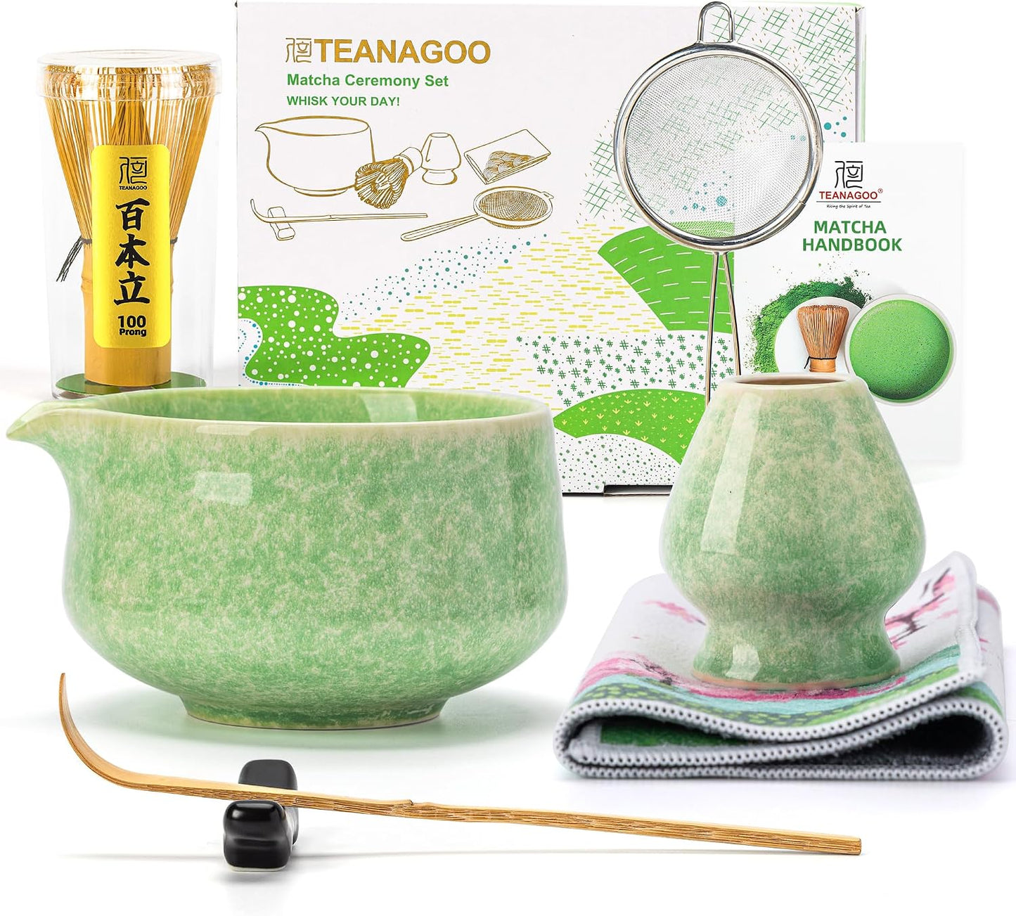 TEANAGOO Matcha Whisk Set,7 Pcs Matcha Set Green,Ceremony Matcha Kit,Matcha Tea Set for Making Latte,Ceramic Bowl(chawan) whith Spout and Whisk,Gift for Matcha Lovers