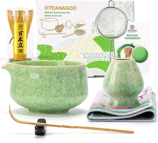 TEANAGOO Matcha Whisk Set,7 Pcs Matcha Set Green,Ceremony Matcha Kit,Matcha Tea Set for Making Latte,Ceramic Bowl(chawan) whith Spout and Whisk,Gift for Matcha Lovers