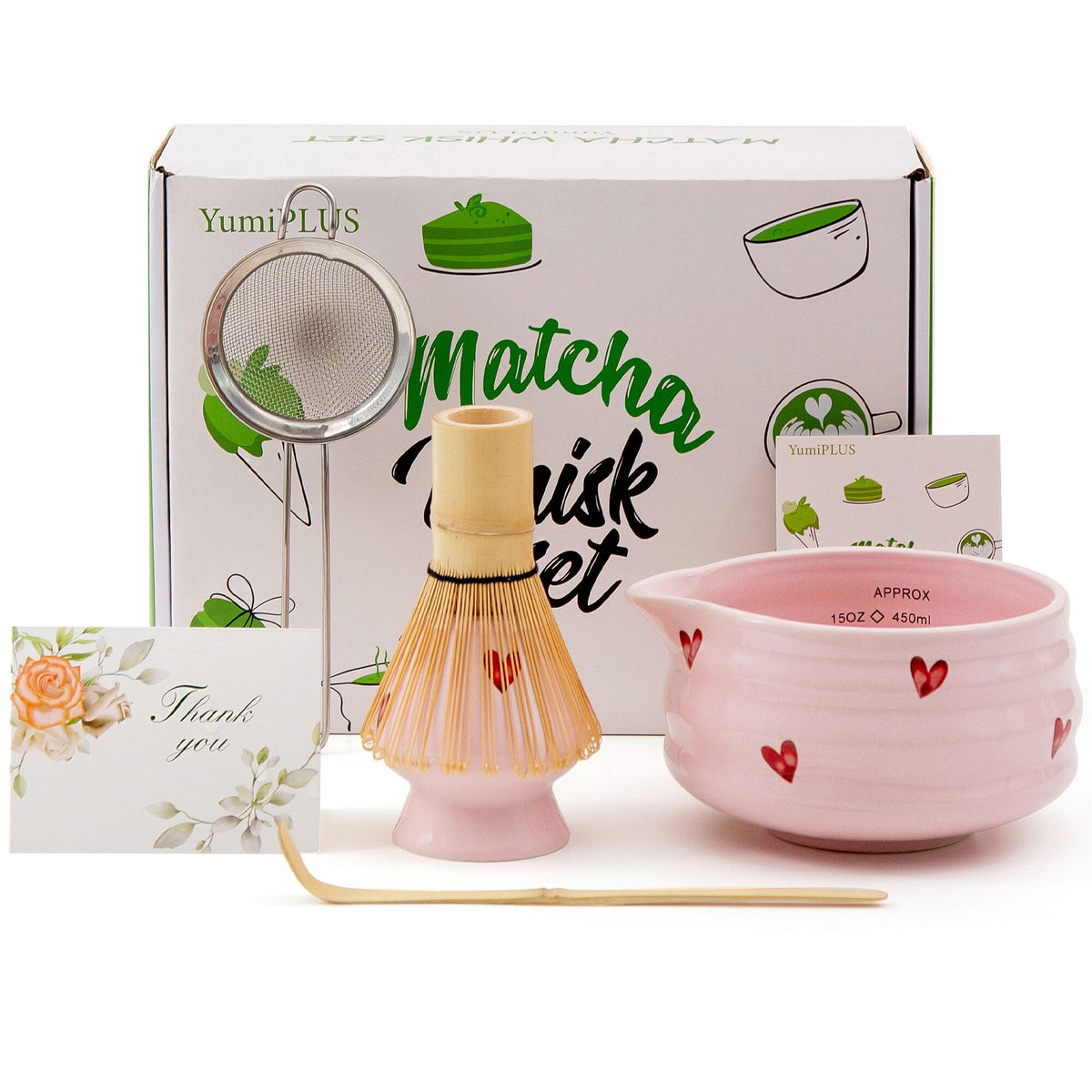 YumiPLUS 5pcs Matcha Set with Bamboo Whisk, Pink Love