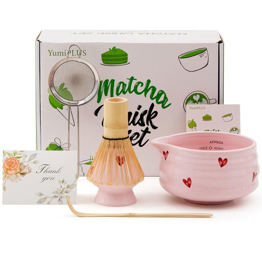 YumiPLUS 5pcs Matcha Set with Bamboo Whisk, Pink Love