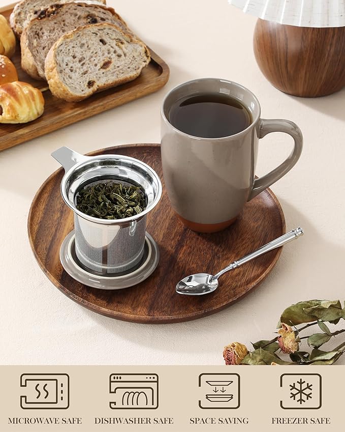 Malacasa Ceramic Tea Mug with Lid and Stainless Steel Infuser, 18 oz Large Tea Cup for Loose Leaf Tea, Heat-Resistant, Microwave & Dishwasher Safe