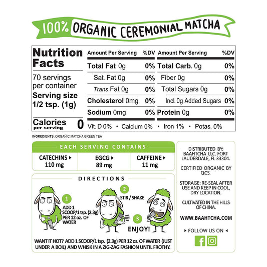 Baahtcha - USDA Organic Matcha Green Tea Powder - Premium Ceremonial Grade - Value Size Lowest Price - Natural Caffeine Energy Drink Mix, Antioxidant - 70g