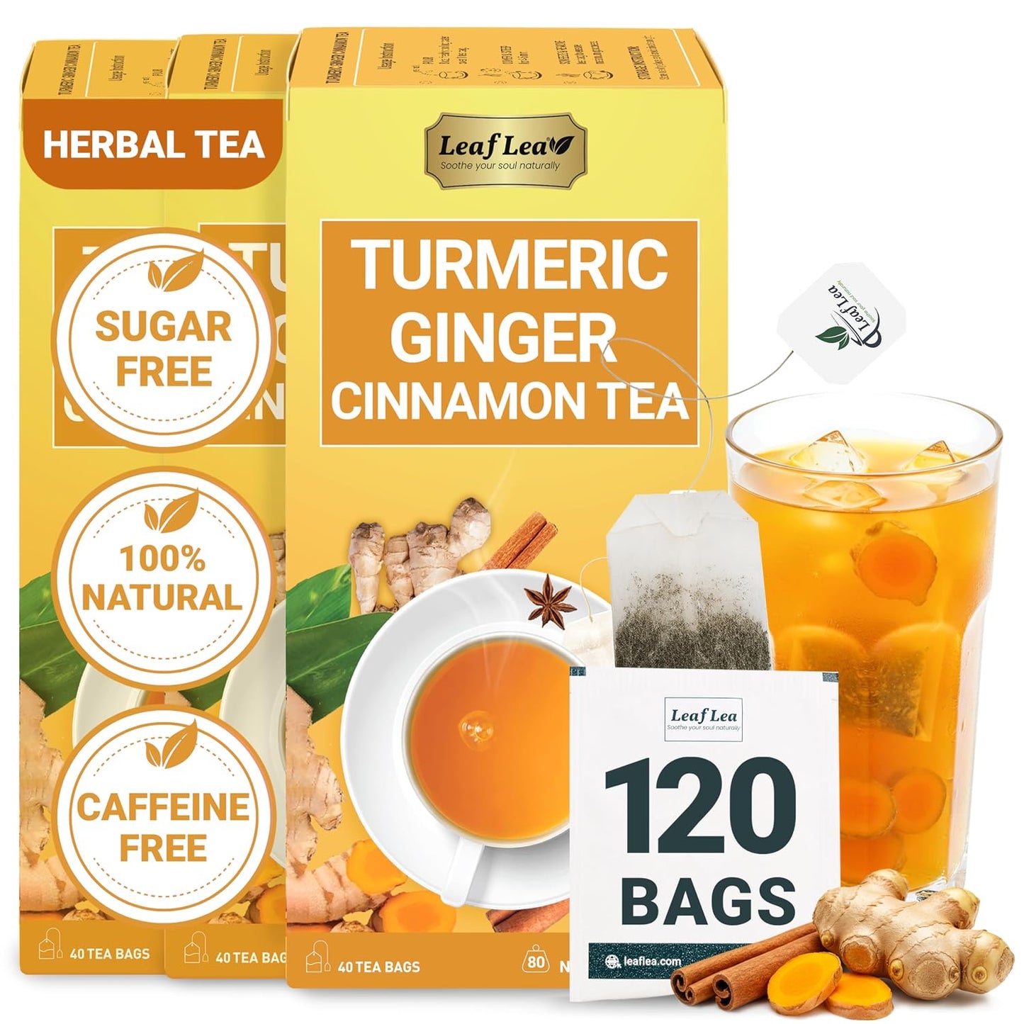 LeafLea Ginger Turmeric Tea, 120 Ct Caffeine-Free Herbal Tea Bags, 3 Boxes | Individually Foil-Wrapped Sachets, 120-Bag Bulk Value, Turmeric Ginger Cinnamon Blend, Supports Digestion, No Sugar, Vegan