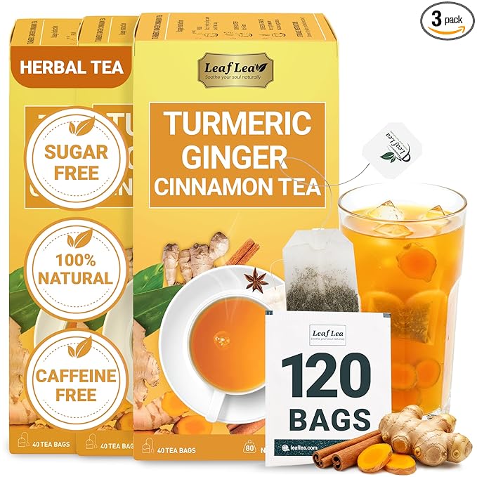 LeafLea Turmeric Ginger Cinnamon Tea, 120 Individually Wrapped Tea Bags, 100% Natural Herbal Blend with Pure Ginger and Turmeric, Supports Digestion & Immune Health, Caffeine-Free, No Sugar