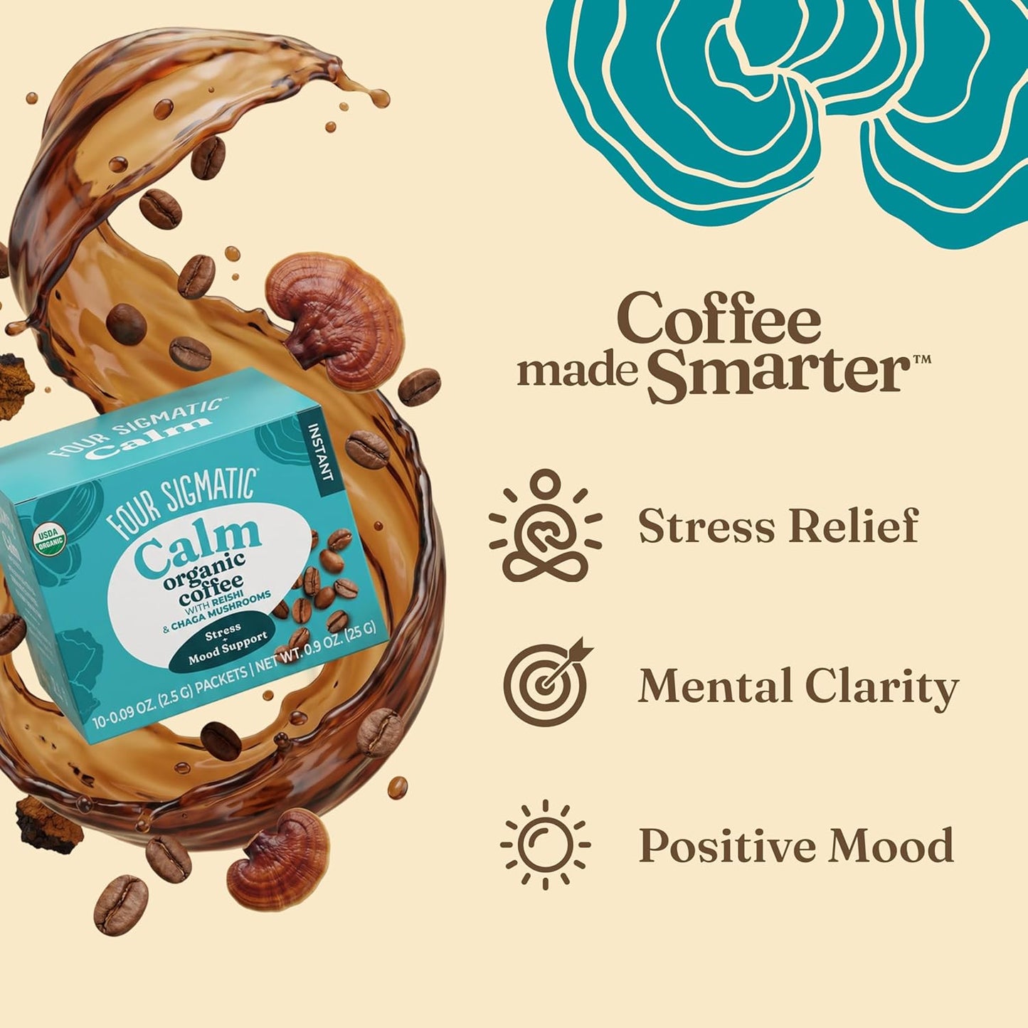 Four Sigmatic Calm Organic Instant Coffee | Medium Roast Arabica with Reishi &amp; Chaga Mushrooms for Stress Relief &amp; Mood Support | USDA Organic | Half Caffeine | 10 Packets