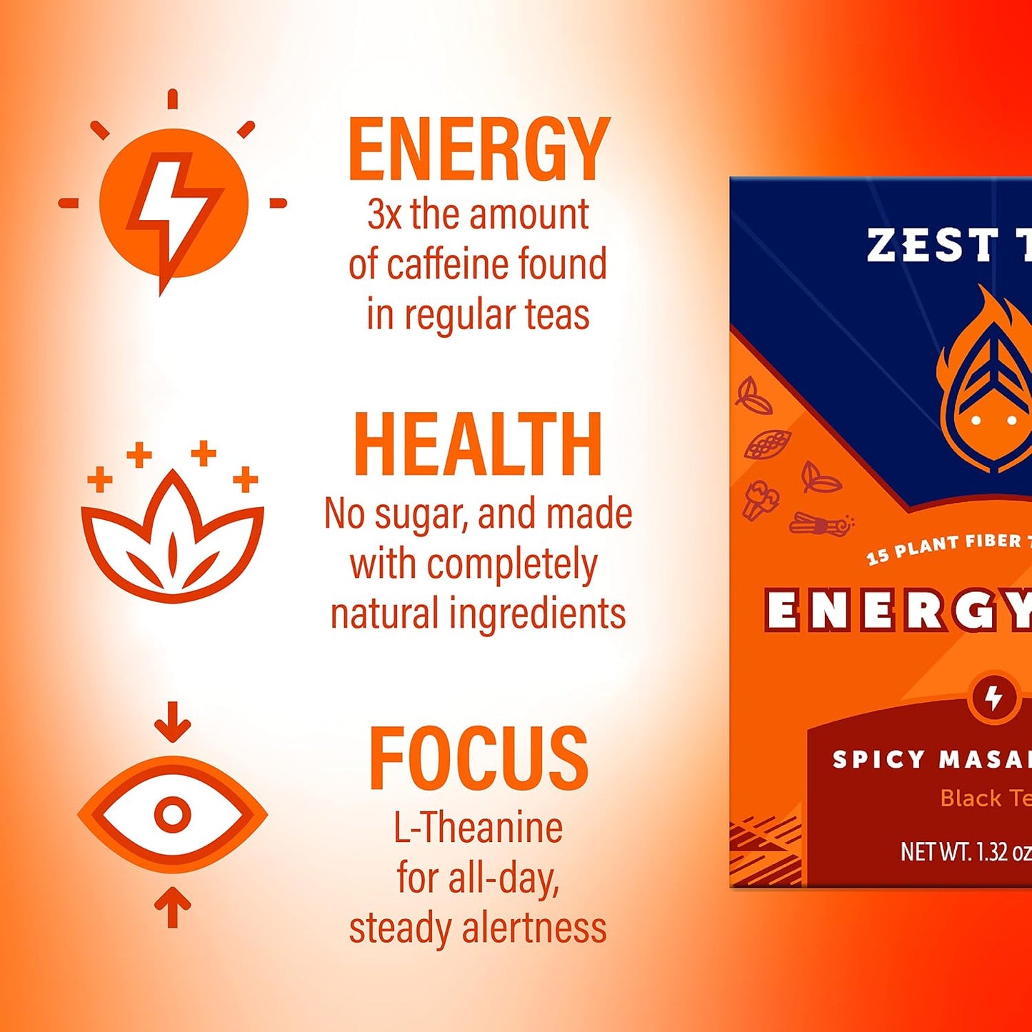 Zest Energy Black Tea - Spicy Masala Chai - High Caffeine Cardamom Ginger Tea with Cinnamon, Cloves &amp; Vanilla Chai - Caffeinated Coffee Alternative - Natural, Non-GMO &amp; Keto - 15Ct Box - 150mg Caf