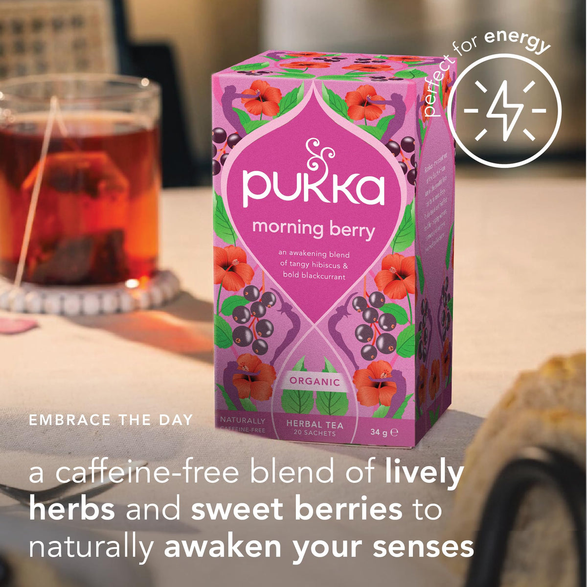 Pukka Morning Berry Organic Herbal Tea Bags, Caffeine Free Natural Energy, 80 Total Tea Bags (20ct - Pack of 4)