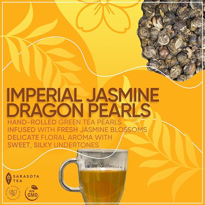 Organic Jasmine Pearls Loose Leaf Tea | Hand-Rolled Green Tea Scented with Jasmine Blossoms | USDA Organic | Premium Dragon Pearls | 4.4oz Bag | Floral & Smooth | Non-GMO