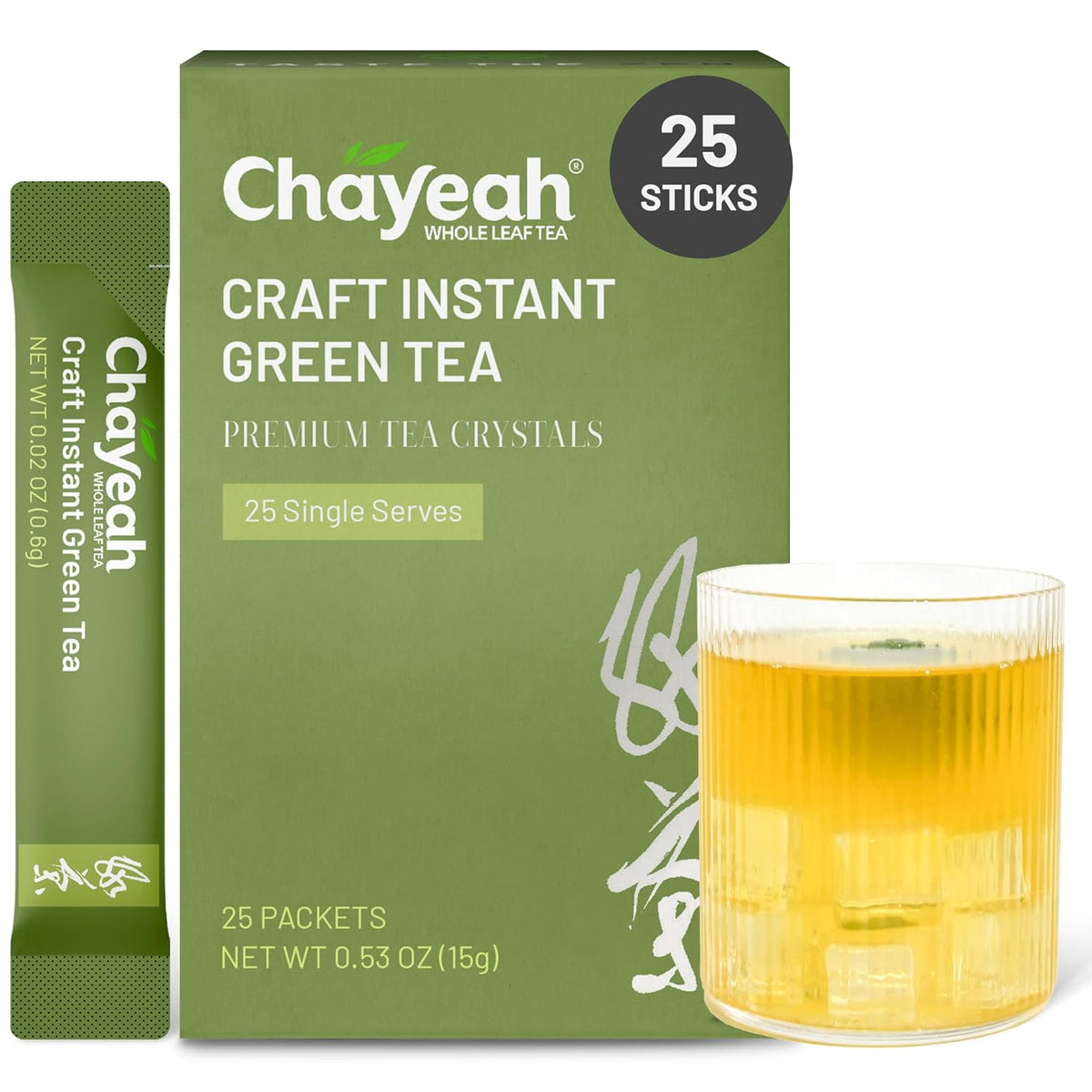 Chayeah, Craft Instant Green Tea, Quick Brew Tea Crystals, No Sugar, Natural Caffeine, Hot or Cold (25 Packets)