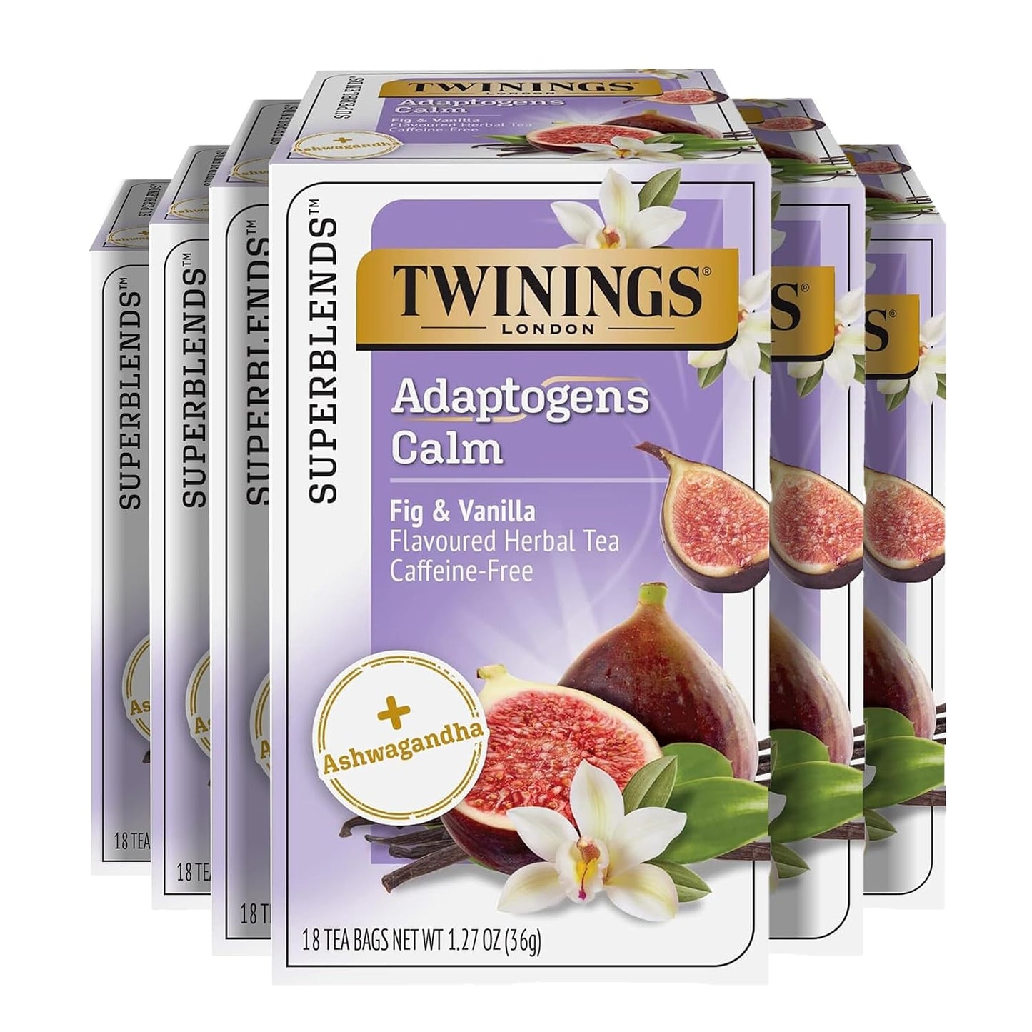 Twinings Adaptogens Calm Ashwagandha Fig &amp; Vanilla Tea Bags 18 CT (6 Pack) | Herbal Blend with Chicory Root, Rooibos, Naturally Caffeine-Free, 108 Foil Lined Individually Wrapped Bags, Enjoy Hot or Iced