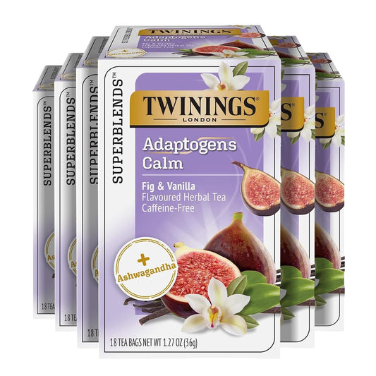 Twinings Adaptogens Calm Ashwagandha Fig &amp; Vanilla Tea Bags 18 CT (6 Pack) | Herbal Blend with Chicory Root, Rooibos, Naturally Caffeine-Free, 108 Foil Lined Individually Wrapped Bags, Enjoy Hot or Iced