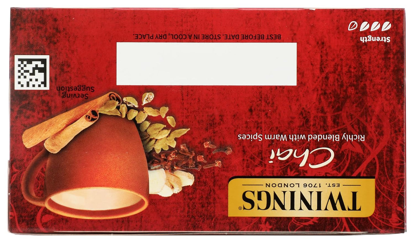 Twinings Chai Black Tea Individually Wrapped Bags, Sweet, Savoury Spices, Caffeinated, Enjoy Hot or Iced - 50 Count