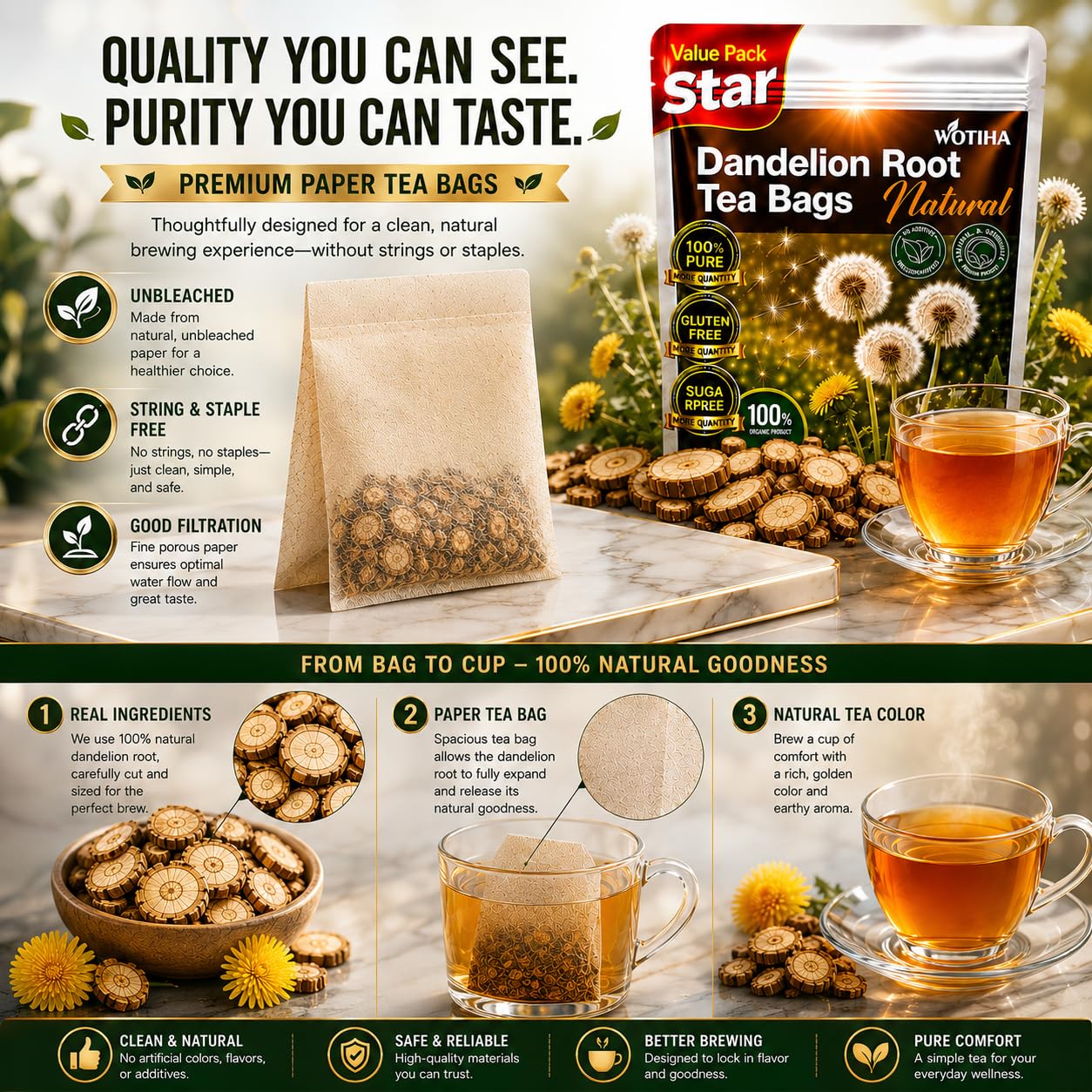 WOTIHA 60 Count Premium Dandelion Root Tea Bags - 100% Natural Roasted, Supports Liver &amp; Kidney Health, Digestion &amp; Immunity, Caffeine-Free, Additive-Free, Gluten-Free, Vegan.
