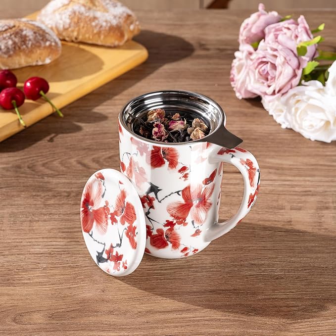 AmorArc Porcelain Tea Mug with Infuser and Lids, 18 Oz Coffee Cup Strainer with Bag Holder for Loose Leaf Tea