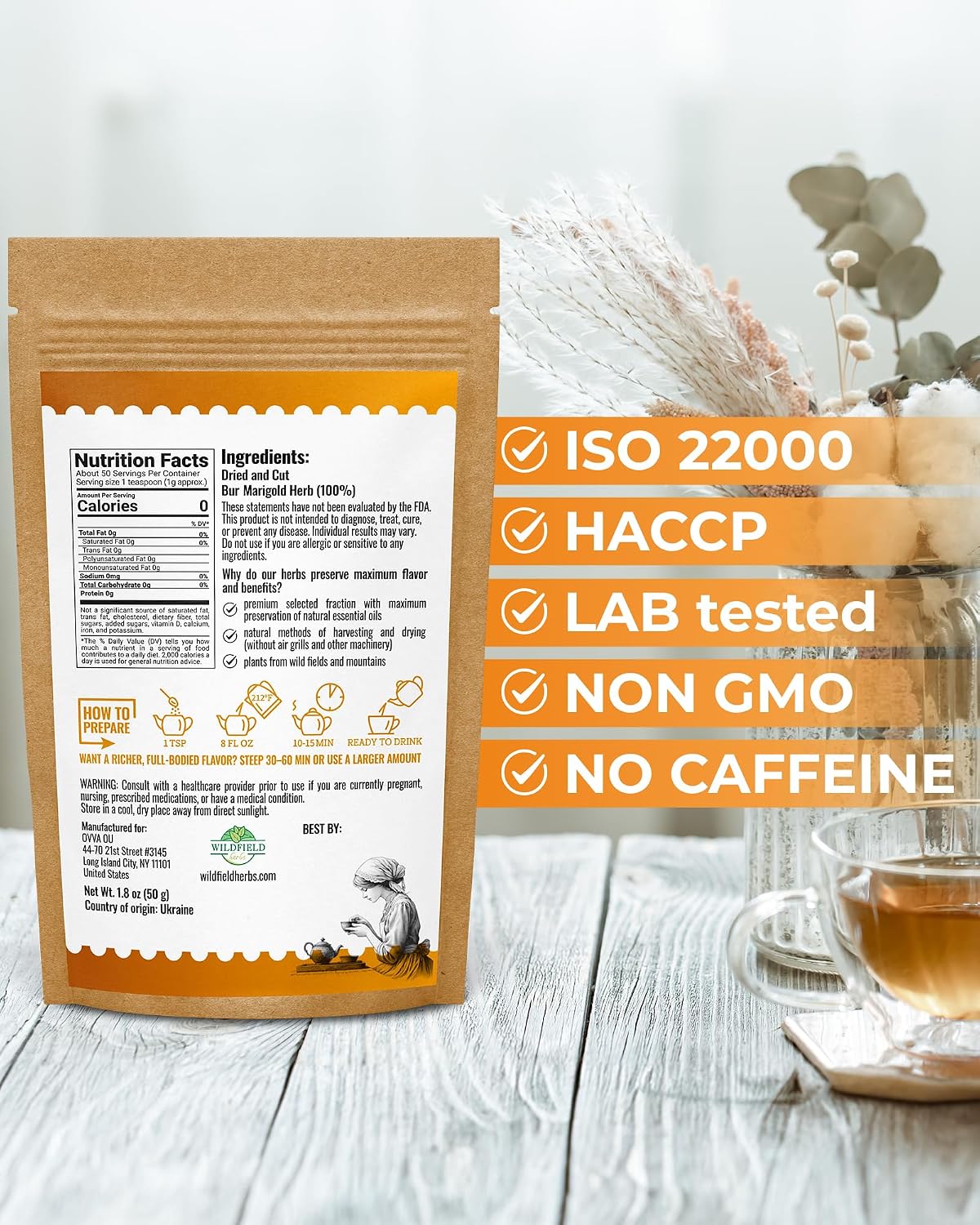 1.8 oz. Dried Marigold Flowers Bur Marigold Herb Tea Marygold Tea (Bidens Tripartite L.) - 50g 100% Chereda Bur-Marigold Cáñamo Acuático