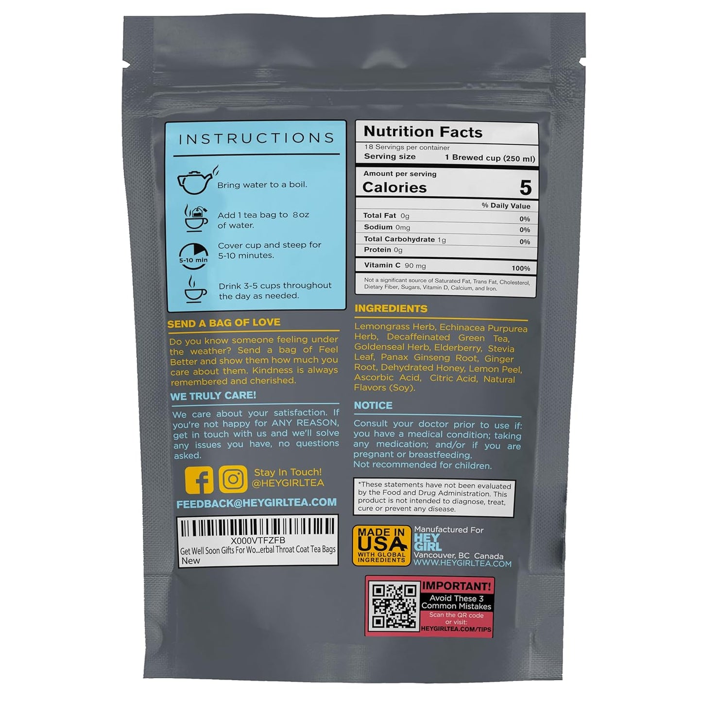 Get Well Soon Gifts For Women | Immunity Tea For Colds and Sore Throat with Elderberry, Echinacea | Care Package For Sick Friend to Feel Better | Recovery Immune Support, Herbal Throat Coat Tea Bags