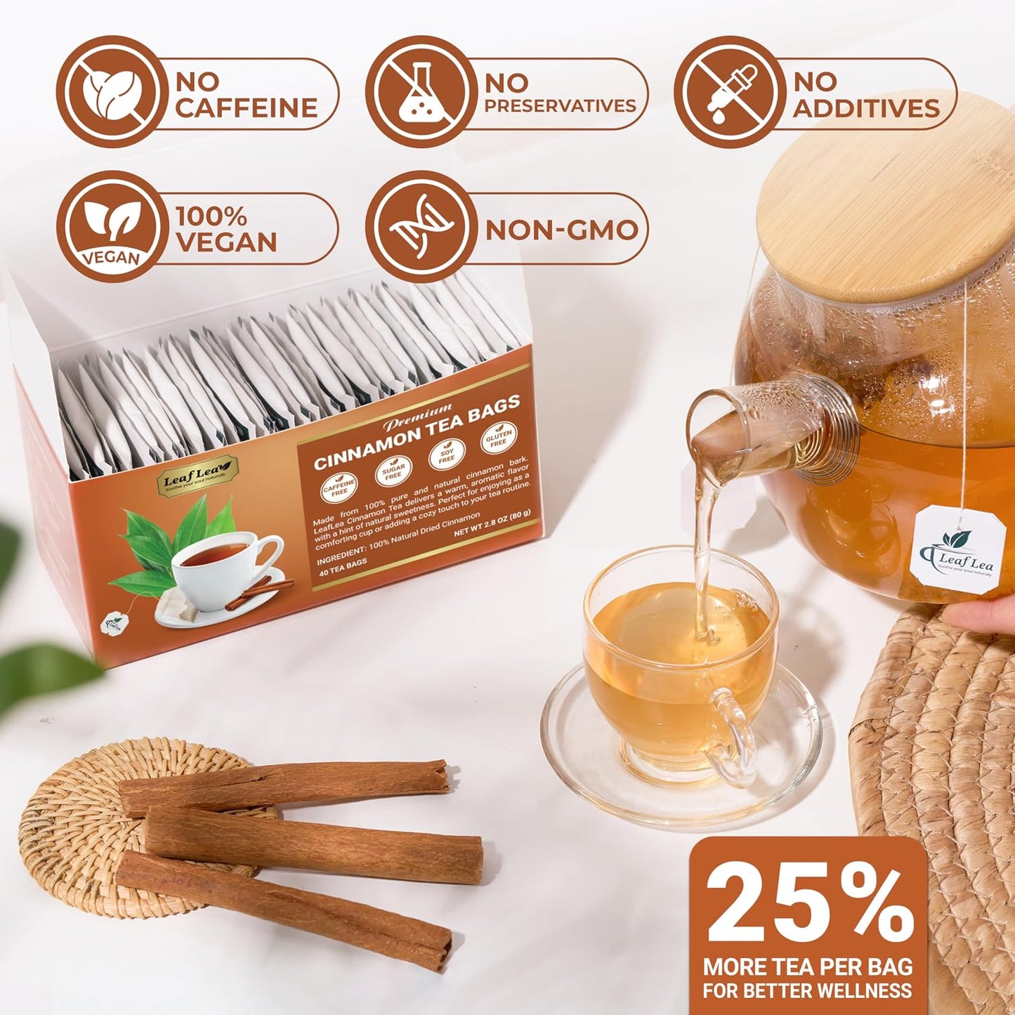 LeafLea Cinnamon Tea Bags, Warming Spice Family Value, 120 Count | Pure Single-Ingredient Cinnamon, Sugar-Free, Caffeine-Free, Individually Foil-Wrapped, 3-Box Stock-Up, Vegan, Non-GMO
