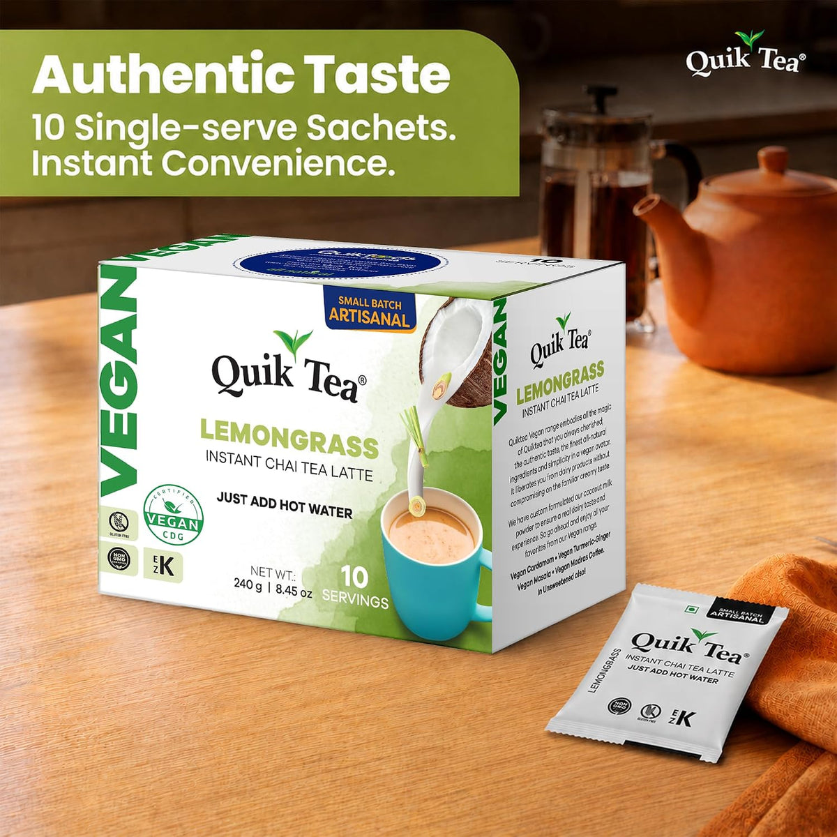 QuikTea Vegan Instant Chai Tea Latte Mix, Lemongrass, 10 Sachets